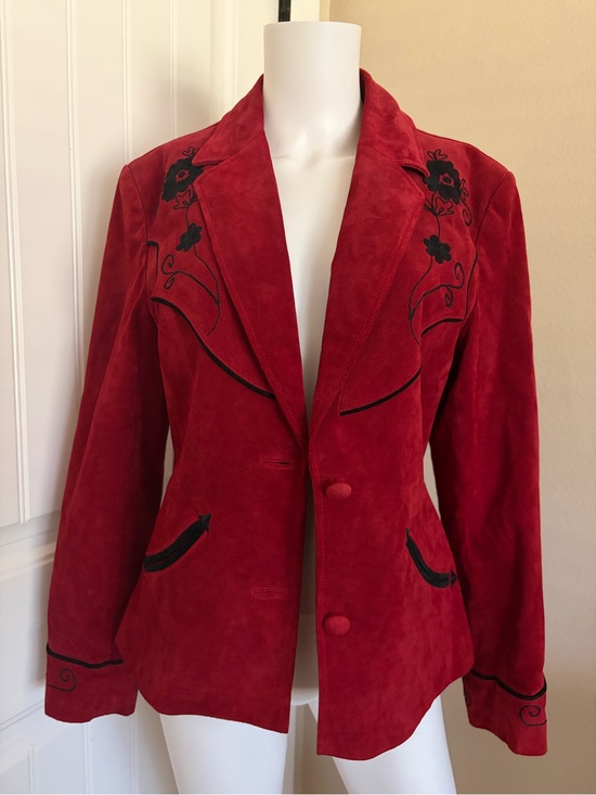 Cripple Creek Jackets & Blazers - VINTAGE RARE 1970s 100% Leather Red Suede Floral Embroidered Western Blazer